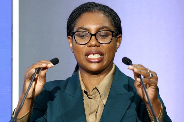Britain's main opposition Conservative Party leader Kemi Badenoch delivers a speech on the second day of the Farnborough International Airshow 2026 in Farnborough, south-west of London, on July 21, 2026. (Photo by Toby Shepheard / AFP)