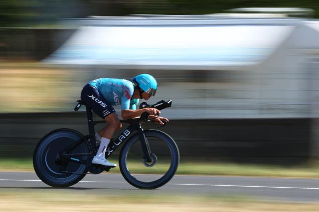 XDS Astana Team's Colombian rider Harold Tejada cycles during the 16th stage of the 113th edition of the Tour de France cycling race, 26,1 km time trial between Évian-les-Bains and Thonon-les-Bains in the French Alps, on July 21, 2026. (Photo by Anne-Christine POUJOULAT / AFP)