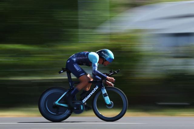 Bahrain - Victorious team's Italian rider Antonio Tiberi cycles during the 16th stage of the 113th edition of the Tour de France cycling race, 26,1 km time trial between Évian-les-Bains and Thonon-les-Bains in the French Alps, on July 21, 2026. (Photo by Anne-Christine POUJOULAT / AFP)