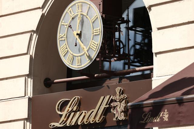 This photograph shows the logo of Lindt, a Swiss chocolatier and confectionery company founded in 1845 and known for its chocolate truffles and chocolate bars, in Paris on July 21, 2026.  (Photo by Xavier GALIANA / AFP)