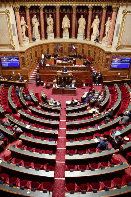 This photograph shows a general view of France's Senat during a session to examine the final draft of emergency bill for agricultural protection and sovereignty ahead of its vote, in Paris on July 21, 2026. (Photo by Ludovic MARIN / AFP)