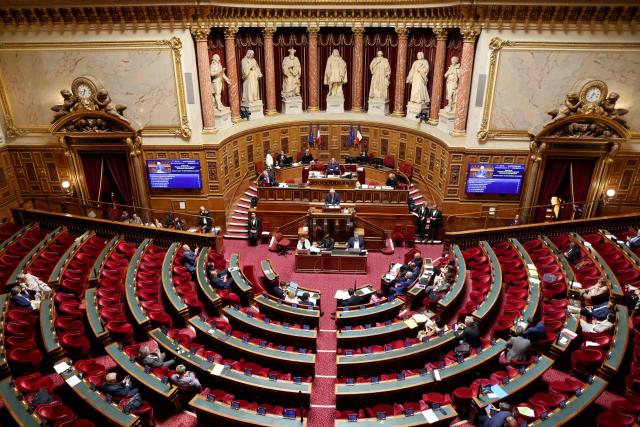 This photograph shows a general view of France's Senat during a session to examine the final draft of emergency bill for agricultural protection and sovereignty ahead of its vote, in Paris on July 21, 2026. (Photo by Ludovic MARIN / AFP)