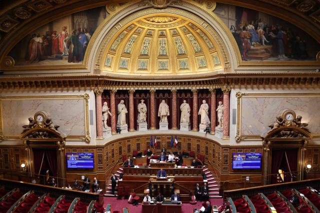 This photograph shows a general view of France's Senat during a session to examine the final draft of emergency bill for agricultural protection and sovereignty ahead of its vote, in Paris on July 21, 2026. (Photo by Ludovic MARIN / AFP)