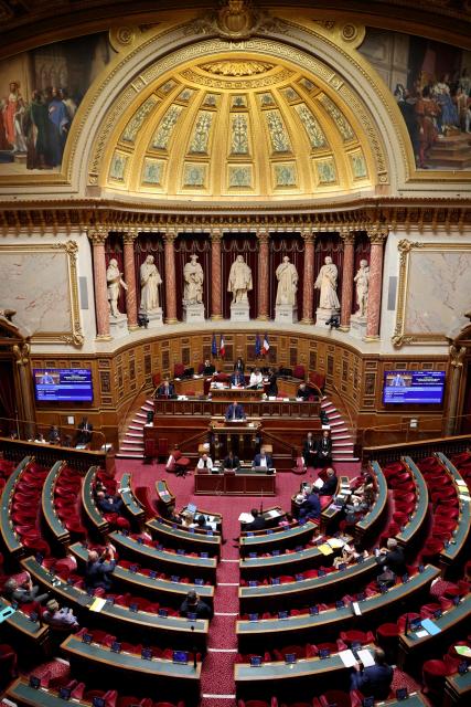 This photograph shows a general view of France's Senat during a session to examine the final draft of emergency bill for agricultural protection and sovereignty ahead of its vote, in Paris on July 21, 2026. (Photo by Ludovic MARIN / AFP)