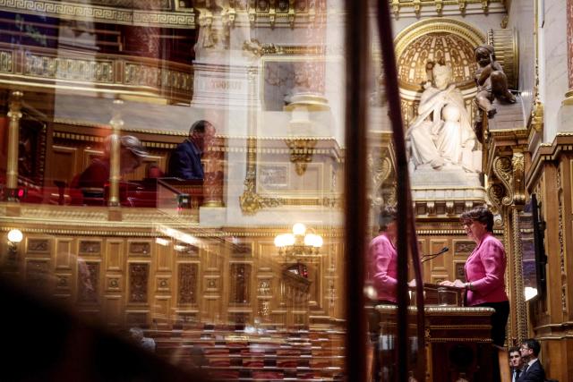 TOPSHOT - France's Agriculture Minister Annie Genevard speaks during a session to examine the final draft of emergency bill for agricultural protection and sovereignty ahead of its vote, at the Senat in Paris on July 21, 2026. (Photo by Ludovic MARIN / AFP)