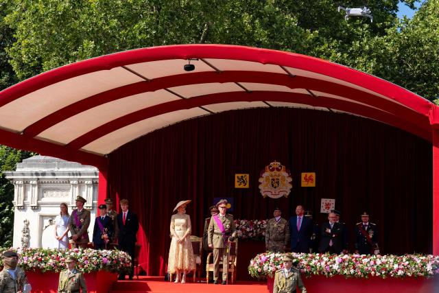 Queen Mathilde of Belgium and King Philippe of Belgium (C) attend the military and civilian parade on Belgium's National Day, in Brussels on July 21, 2026. (Photo by Marius BURGELMANS / Belga / AFP) / Belgium OUT