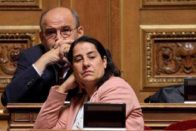 French Parti Socialist's Senator Frederique Espagnac (R) looks on during a session to examine the final draft of emergency bill for agricultural protection and sovereignty ahead of its vote, at the Senat in Paris on July 21, 2026. (Photo by Ludovic MARIN / AFP)