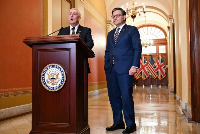 US Speaker of the House Mike Johnson (R) looks on as Sir Lindsay Hoyle, Speaker of the UK House of Commons, speaks to the press at the US Capitol in Washington, DC on July 21, 2026. (Photo by Alex WROBLEWSKI / AFP)