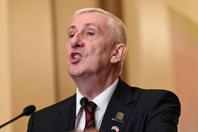 Sir Lindsay Hoyle, Speaker of the UK House of Commons, speaks to the press at the US Capitol following a meeting with US Speaker of the House Mike Johnson, in Washington, DC on July 21, 2026. (Photo by Alex WROBLEWSKI / AFP)