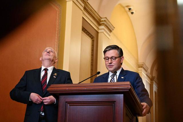US Speaker of the House Mike Johnson (R) and Sir Lindsay Hoyle (L), Speaker of the UK House of Commons, speak to the press following their meeting at the US Capitol in Washington, DC on July 21, 2026. (Photo by Alex WROBLEWSKI / AFP)