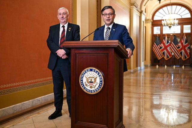 US Speaker of the House Mike Johnson (R) and Sir Lindsay Hoyle (L), Speaker of the UK House of Commons, speak to the press following their meeting at the US Capitol in Washington, DC on July 21, 2026. (Photo by Alex WROBLEWSKI / AFP)