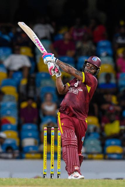 Shimron Hetmyer of West Indies hits 6 during the fifth and final one day international (ODI) cricket match between West Indies and New Zealand at Kensington Oval in Bridgetown, Barbados on July 21, 2026. (Photo by Randy Brooks / AFP)