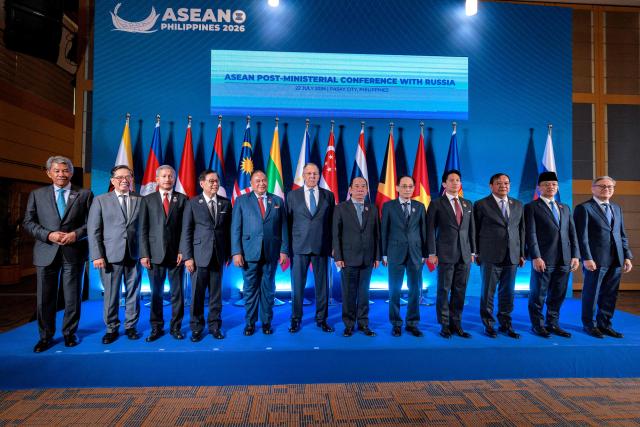 Russia Foreign Minister Sergey Lavrov (6th-L) poses for a group photo with ASEAN foreign ministers during the ASEAN Post-Ministerial Conference with Russia on the sidelines of the Association of Southeast Asian Nations (ASEAN) Foreign Ministers' Meeting in Pasay, Metro Manila on July 22, 2026. (Photo by Ezra Acayan / POOL / AFP)