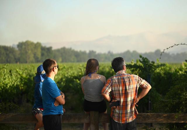 Bystanders watch air support battle Little Fire in Pleasanton, California on July 21, 2026. (Photo by Josh Edelson / AFP)