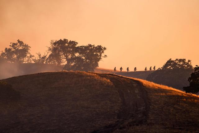 Firefighters walk along a smoldering hill as Little Fire burns in Pleasanton, California on July 21, 2026. (Photo by Josh Edelson / AFP)