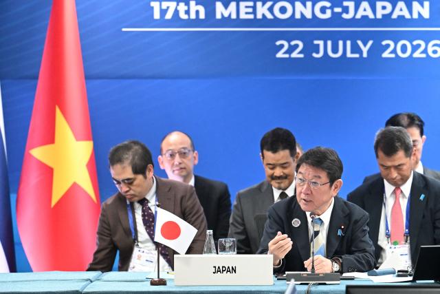 Japan's Foreign Minister Toshimitsu Motegi speaks during the 17th Mekong-Japan Foreign Ministers' meeting on the sidelines of the 59th Association of Southeast Asian Nations (ASEAN) Foreign Ministers' Meeting in Pasay, Metro Manila on July 22, 2026. (Photo by Ted ALJIBE / POOL / AFP)