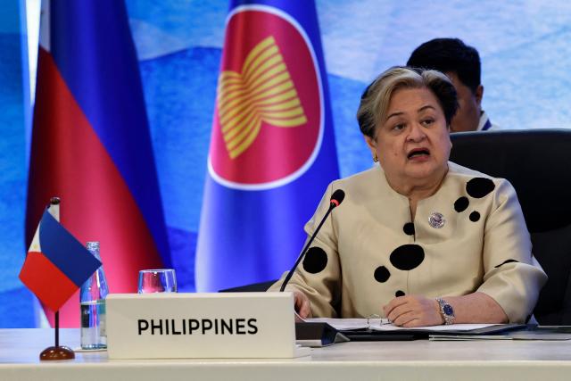 Philippine Secretary of Foreign Affairs Theresa Lazaro speaks during the ASEAN Trilateral Meeting with Norway on the sidelines of the Association of Southeast Asian Nations (ASEAN) Foreign Ministers' Meeting in Pasay, Metro Manila on July 22, 2026. (Photo by Rolex DELA PENA / POOL / AFP)