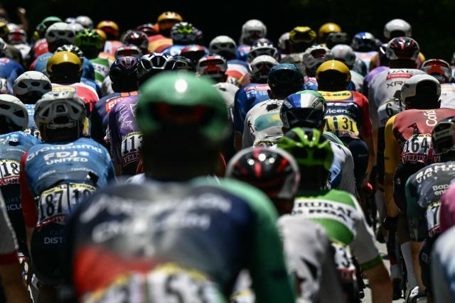 The pack of riders (peloton) cycles during the 17th stage of the 113th edition of the Tour de France cycling race, 174,7 km between Chambéry and Voiron in the French Alps, on July 22, 2026. (Photo by Loic VENANCE / AFP)