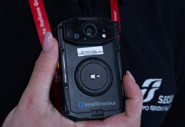 This photograph shows a new body camera for security personnel during its presentation at Rome Termini railway station, in Rome, on July 22, 2027. (Photo by TIZIANA FABI / AFP)