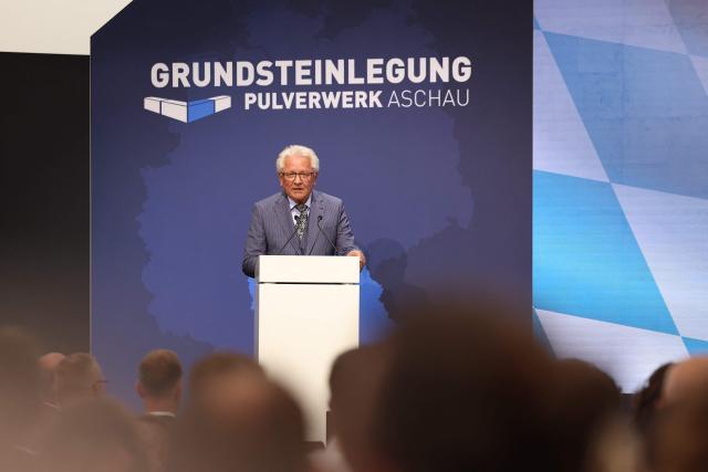 The CEO of German automotive and arms manufacturer Rheinmetall Armin Papperger delivers a speech at the groundbreaking ceremony of the new powder plant in Aschau am Inn, Bavaria, southern Germany, on July 22, 2026. (Photo by Alexandra Beier / Merkur TZ / AFP)