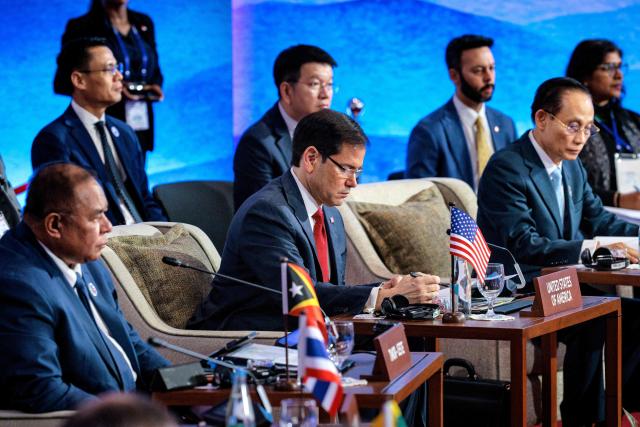 (L-R) Timor-Leste Foreign Minister Bendito dos Santos Freitas, US Secretary of State Marco Rubio and Vietnam Foreign Minister Le Hoai Trung attend the 33rd ASEAN Regional Forum (ARF), part of the Southeast Asian Nations (ASEAN) Foreign Ministers' Meeting  in Pasay, Metro Manila on July 23, 2026. (Photo by Ezra Acayan / POOL / AFP)