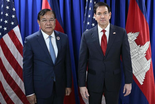 US Secretary of State Marco Rubio (R) meets with Cambodia's Deputy Prime Minister and Foreign Minister Prak Sokhonn on the sidelines of the Association of Southeast Asian Nations (ASEAN) Foreign Ministers Meeting in Pasay, Metro Manila on July 23, 2026. (Photo by Brendan SMIALOWSKI / POOL / AFP)