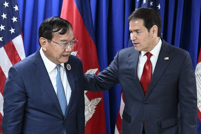 US Secretary of State Marco Rubio (R) meets with Cambodia's Deputy Prime Minister and Foreign Minister Prak Sokhonn on the sidelines of the Association of Southeast Asian Nations (ASEAN) Foreign Ministers Meeting in Pasay, Metro Manila on July 23, 2026. (Photo by Brendan SMIALOWSKI / POOL / AFP)
