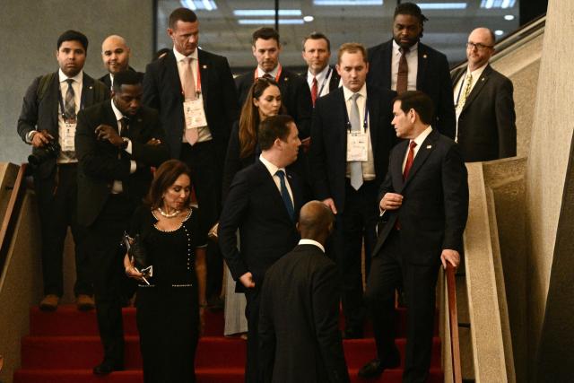 US Secretary of State Marco Rubio (R middle) speaks to his team at the Association of Southeast Asian Nations (ASEAN) Foreign Ministers Meeting in Pasay, Metro Manila on July 23, 2026. (Photo by Brendan SMIALOWSKI / POOL / AFP)