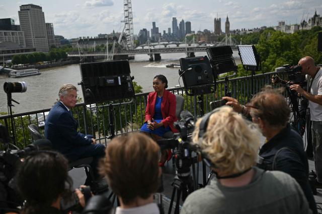 Britain's main opposition Conservative Party leader Kemi Badenoch sits down to give an interview after delivering a speech at IET (Institute of Engineering and Technology) in London on July 23, 2026. (Photo by JUSTIN TALLIS / AFP)