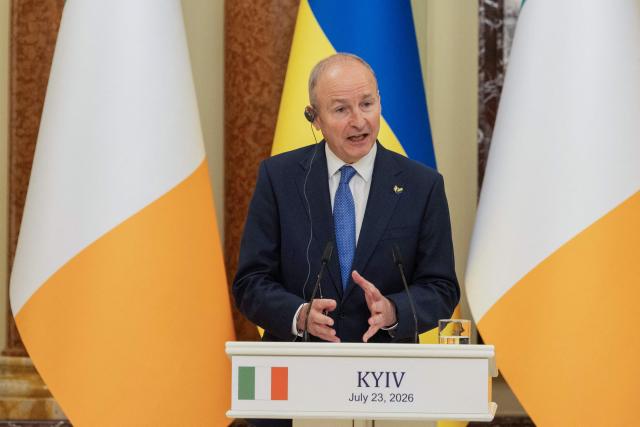Ireland's Prime Minister Micheal Martin speaks during a joint press conference with  Ukraine's President following their meeting in Kyiv on July 23, 2026, amid the Russian invasion of Ukraine. (Photo by Tetiana DZHAFAROVA / AFP)