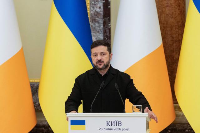 Ukraine's President Volodymyr Zelensky speaks during a joint press conference with  Ireland's Prime Minister following their meeting in Kyiv on July 23, 2026, amid the Russian invasion of Ukraine. (Photo by Tetiana DZHAFAROVA / AFP)
