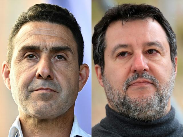 (COMBO) This combination of files pictures created on July 23, 2026 shows General Roberto Vannacci, Italian far-right League party (Lega) looking on during a campaign meeting, on June 1, 2024 in Milan and then Italy's Deputy Prime Minister and Minister of Infrastructure and Transport, Matteo Salvini looking on in Cortina on March 25, 2025. A jeweller's conviction for killing armed robbers after they left his shop has become a flash point for Italy's sparring far-right parties, ahead of next year's general election. FN currently has 6.7 percent of voter intentions, while Deputy Prime Minister Matteo Salvini's League is on 5.5 percent, according to survey published on July 20, 2026 by pollster SWG. (Photo by GABRIEL BOUYS and Pierre TEYSSOT / AFP)