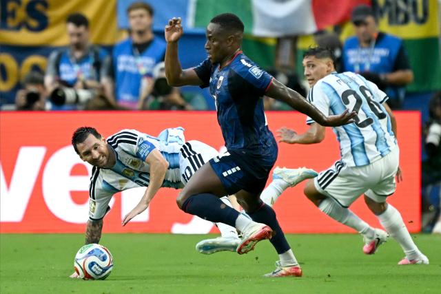 (FILES) Argentina's forward #10 Lionel Messi falls next to Cape Verde's forward #07 Jovane Cabral as they fight for the ball during the 2026 World Cup round of 32 football match between Argentina and Cape Verde at the Miami Stadium in Miami Gardens on July 3, 2026. Brazil's Gremio announced on July 23, 2026 the signing of one of the players from Cape Verde’s surprise World Cup 2026 squad, striker Jovane Cabral. (Photo by CHANDAN KHANNA / AFP)