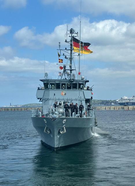 (FILES) The German navy's minehunter boat "Fulda" leaves the harbour of Kiel, northern Germany, on May 4, 2026, to set sail for the Mediterranean as part of a pre-deployment operation in preparation for a possible mission in the Strait of Hormuz. The German navy will move two vessels from the Red Sea region to the eastern Mediterannean "in the coming days", the defence ministry said in a statement on July 23, 2026. The "Fulda" minesweeper and the "Mosel" supply ship were currently in Djibouti, a ministry spokesman confirmed to AFP. They had been sent last month in preparation for a possible mission in the Strait of Hormuz after the end of the US-Iran war. However the ministry statement cited the "the volatile political situation... and the absence of any foreseeable near-term start of operations" in the Strait of Hormuz. (Photo by Sandra BECKEFELDT / AFP)