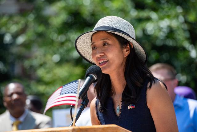 Boston Mayor Michelle Wu speaks at a rally calling on Congress to restore Temporary Protected Status (TPS) for Haitians, in Boston, Massachusetts, on July 23, 2026. The US Supreme Court on June 25, 2026, backed a Trump administration move to strip deportation protections from some 350,000 Haitians and 6,000 Syrians living in the United States. A federal appeals court on has extended the deadline for TPS to be revoked for Haitians in the US until July 27. (Photo by JOSEPH PREZIOSO / AFP)