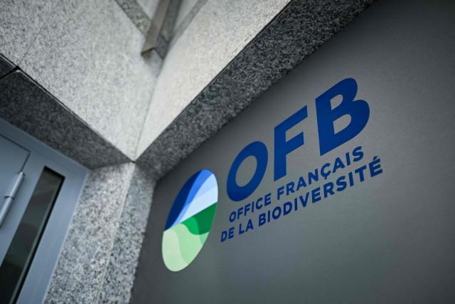 This photograph shows the logo of the Office Francais de la Biodiversite - OFB (French Office for Biodiversity) displayed on the facade of its' headquarters, in Vincennes, suburb of Paris on July 23, 2026. (Photo by Lou BENOIST / AFP)