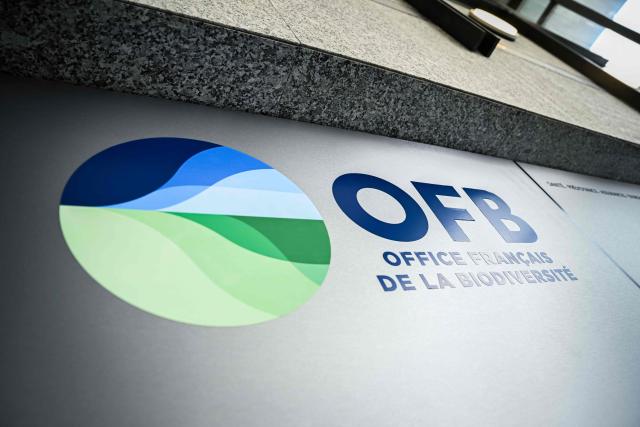 This photograph shows the logo of the Office Francais de la Biodiversite - OFB (French Office for Biodiversity) displayed on the facade of its' headquarters, in Vincennes, suburb of Paris on July 23, 2026. (Photo by Lou BENOIST / AFP)