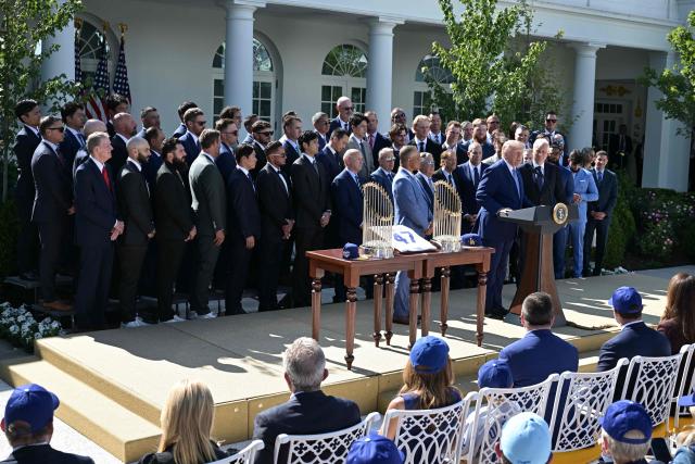 US President Donald Trump speaks during a ceremony to honor the 2025 World Series champions Los Angeles Dodgers, in the Rose Garden at the White House in Washington, DC, on July 23, 2026. (Photo by Oliver Contreras / AFP)