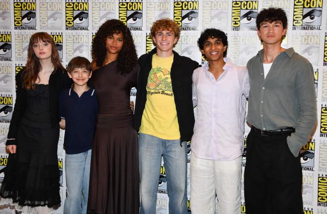 (L/R) Actors Olive Abercrombie, Levi Chrisopulos, Tamara Smart, Walker Scobell, Aryan Simhadri and Charlie Bushnell attend "Percy Jackson and the Olympians" season 3 press room during Comic Con International in San Diego on July 23, 2026. (Photo by Chris DELMAS / AFP)