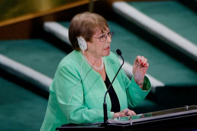Chile's former president and candidate for the United Nations Secretary-General position Michelle Bachelet speaks during a debate at the UN General Assembly Hall in New York, on July 23, 2026. Chile’s former president Michelle Bachelet, Senegal’s former president Macky Sall, Costa Rican economist and Secretary-General of UNCTAD Rebeca Grynspan, Argentine diplomat and Director General of the International Atomic Energy Agency (IAEA) Rafael Mariano Grossi, Ecuadorean diplomat and former President of the UN General Assembly Maria Fernanda Espinosa, and Guyana’s former foreign minister Carolyn Rodrigues are vying to become the next UN Secretary-General. (Photo by Leonardo MUNOZ / AFP)