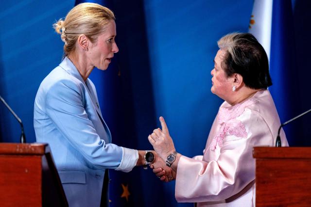 ent Kaja Kallas shake hands after delivering a joint statement on the Enhanced Partnership between the Philippines and the European Union, on the sidelines of the Association of Southeast Asian Nations (ASEAN) Foreign Ministers' Meeting n Pasay, Metro Manila on July 24, 2026. (Photo by Ezra Acayan / POOL / AFP)