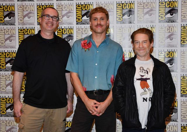 Ryan Linkof, Senior Curator and Head of Film Programs for the Lucas Museum of Narrative Art (R) and Co-Founders of Stoopid Buddy Stoodios’ Seth Green (R) and Matthew Senreich pose during a photo call at Comic Con International in San Diego on July 23, 2026. (Photo by Chris DELMAS / AFP)