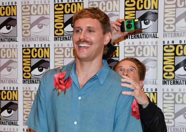 Ryan Linkof, Senior Curator and Head of Film Programs for the Lucas Museum of Narrative Art (L) and US actor Seth Green pose during a photo call at Comic Con International in San Diego on July 23, 2026. (Photo by Chris DELMAS / AFP)