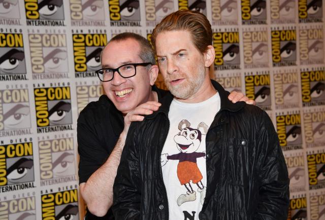Co-Founders of Stoopid Buddy Stoodios’ Seth Green (R) and Matthew Senreich pose during a photo call at Comic Con International in San Diego on July 23, 2026. (Photo by Chris DELMAS / AFP)