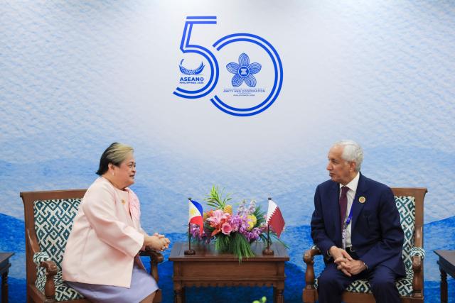 Philippines Foreign Secretary Theresa Lazaro and Qatari Minister of State for Foreign Affairs Sultan bin Saad Al-Muraikhi talk during their bilateral meeting on the sidelines of the Association of Southeast Asian Nations (ASEAN) Foreign Ministers' Meeting in Pasay, Metro Manila on July 24, 2026. (Photo by Eloisa Lopez / POOL / AFP)
