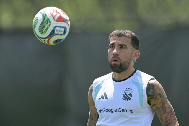 (FILES) Argentina's defender #19 Nicolas Otamendi takes part in a training session as part of the 2026 World Cup football tournament at the Sporting KC Training Centre in Kansas City on June 30, 2026. Veteran centre-back Nicolas Otamendi announced his retirement from the Argentina national team on July 23, 2026, four days after their 1-0 defeat to Spain in extra time in the 2026 World Cup final. (Photo by JUAN MABROMATA / AFP)