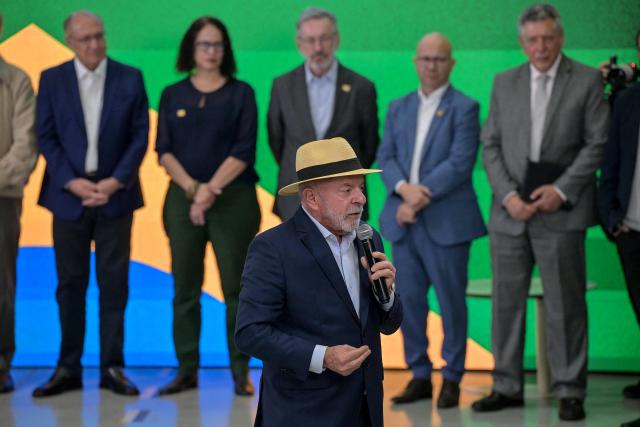 Brazil's President Luiz Inacio Lula da Silva delivers a speech during a visit to the headquarters of Brazilian defense and aerospace company Avibras Aeroco, in Jacarei, some 90 km from Sao Paulo, Brazil, on July 24, 2026. (Photo by Nelson ALMEIDA / AFP)
