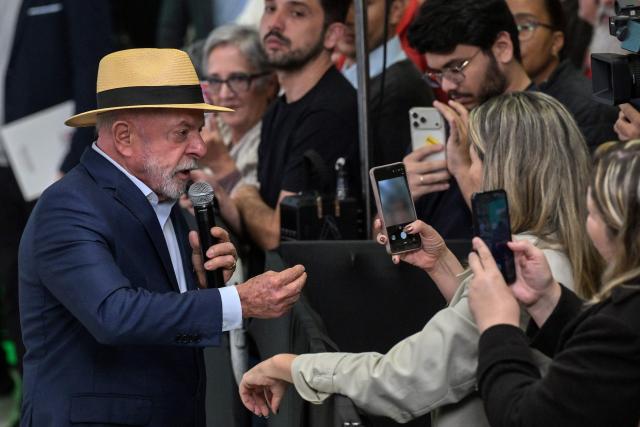 Brazil's President Luiz Inacio Lula da Silva delivers a speech during a visit to the headquarters of Brazilian defense and aerospace company Avibras Aeroco, in Jacarei, some 90 km from Sao Paulo, Brazil, on July 24, 2026. (Photo by Nelson ALMEIDA / AFP)