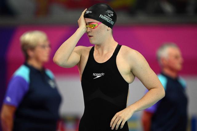 New Zealand's Erika Fairweather prepares for the women's 400m Freestyle final during the swimming event at the Tollcross International Swimming Centre in Glasgow, on day one of the Commonwealth Games in Glasgow, Scotland, on July 24, 2026. (Photo by Oli SCARFF / AFP)