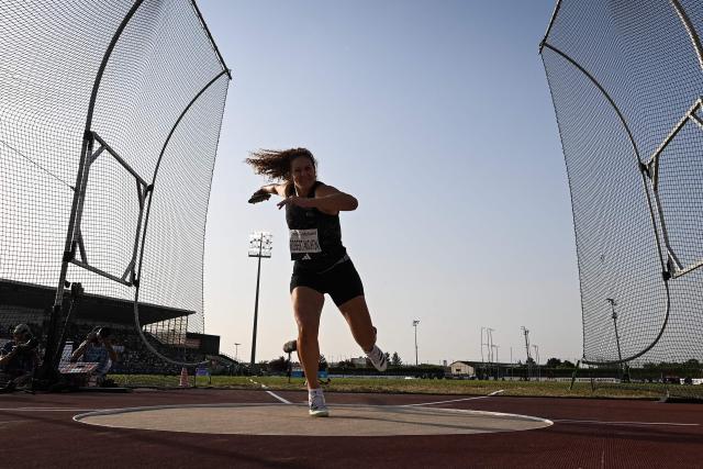 French athlete Melina Robert-Michon competes in the women discus throw event at the 2026 French Athletics Championships at the municipal stadium in Albi, southwestern France, on July 24, 2026 (Photo by Matthieu RONDEL / AFP)